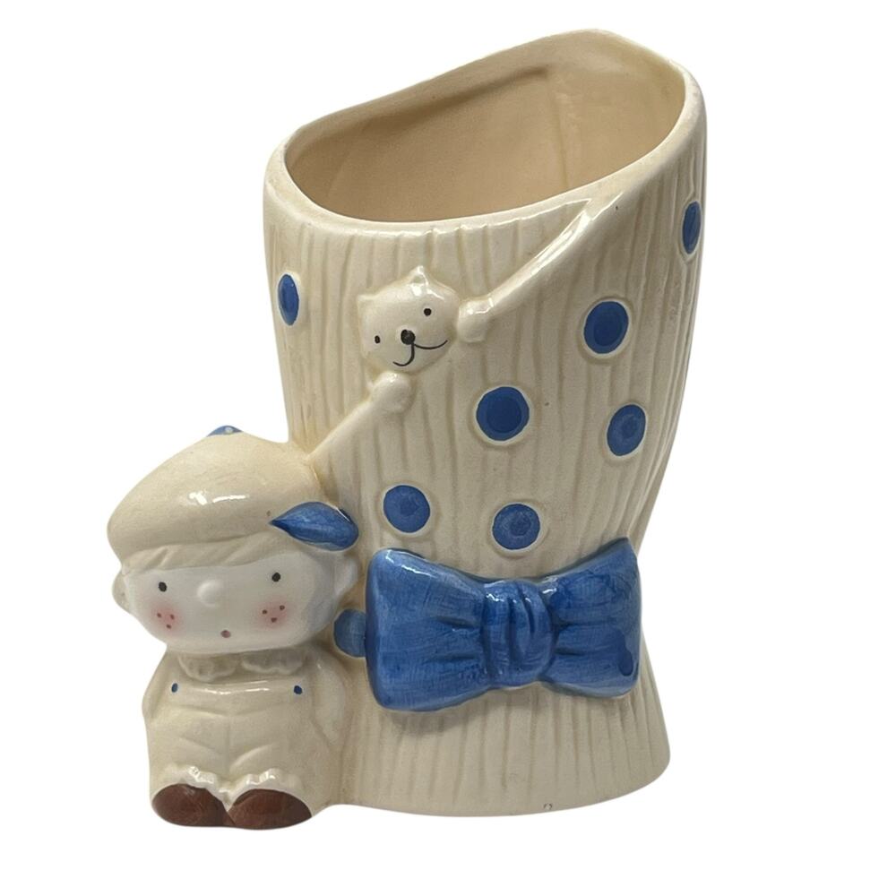 Vintage ARDCO Baby Planter White w/ Blue Polka Dots & Bow Boy Figure Cat Taiwan
